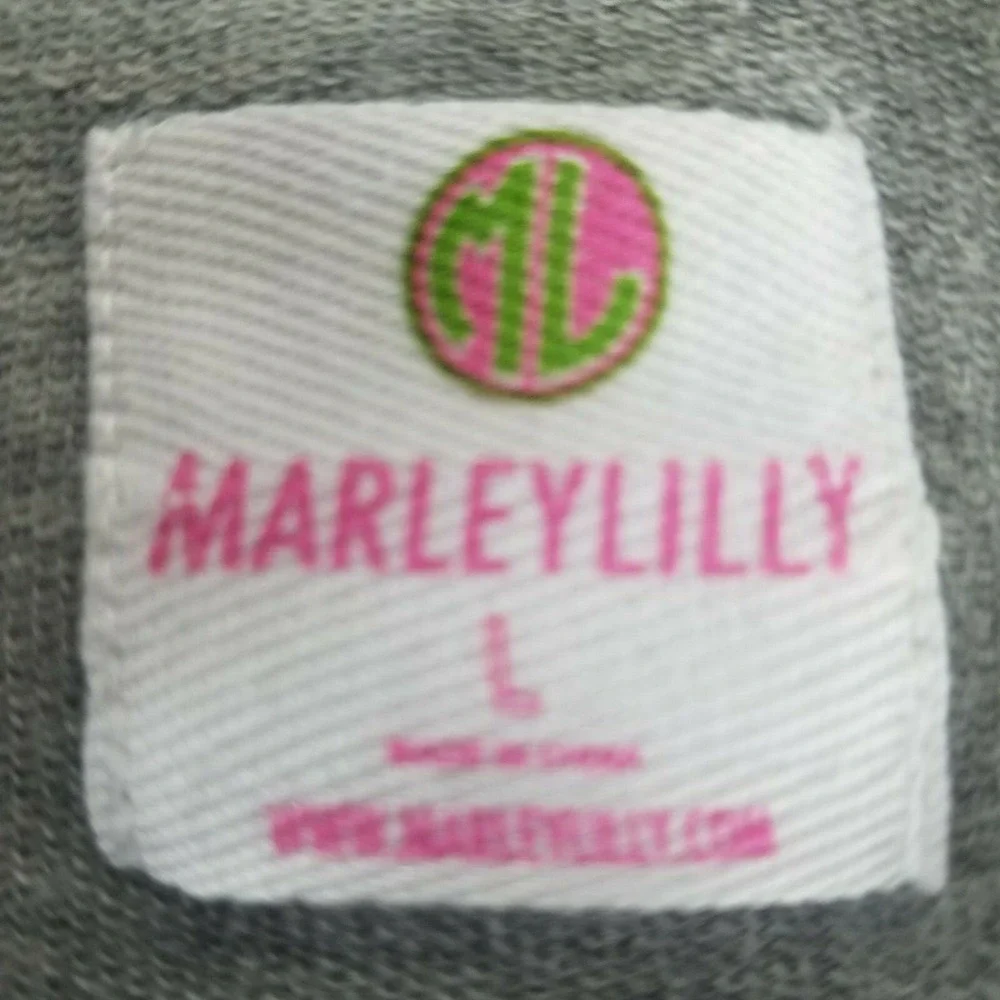 Marley Lilly Size Large pullover sweater gray with elbow pads and front monogram